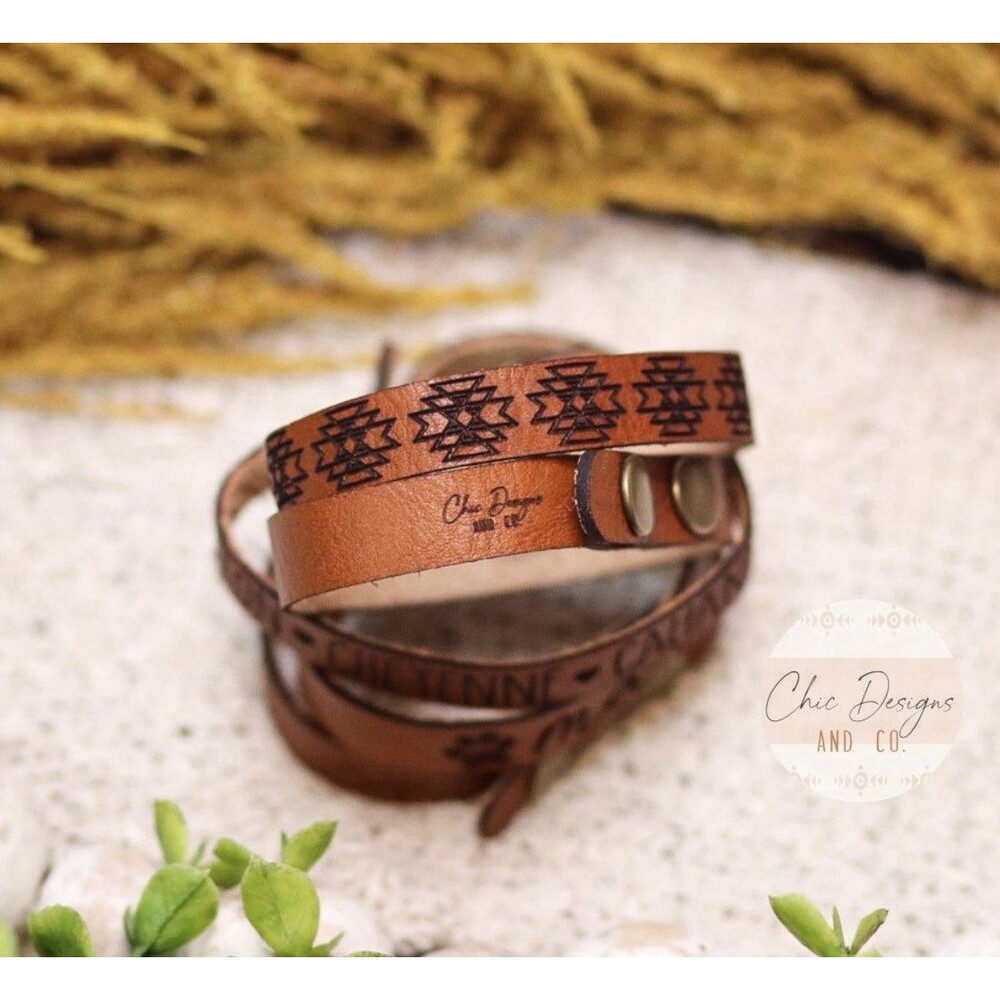 Aztec Symbol Genuine Veg Tan Leather Engraved Bracelet | Western Fashion